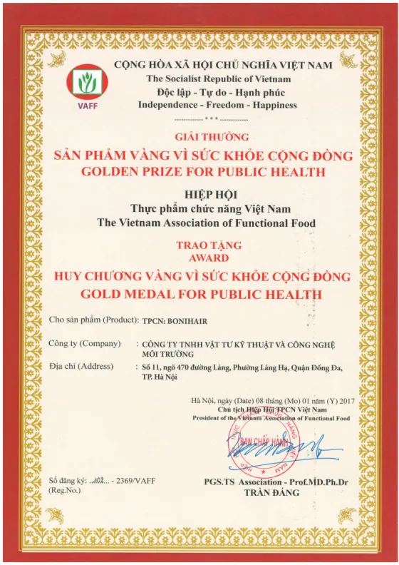 Giải thưởng: Huy chương vàng vì sức khỏe cộng đồng